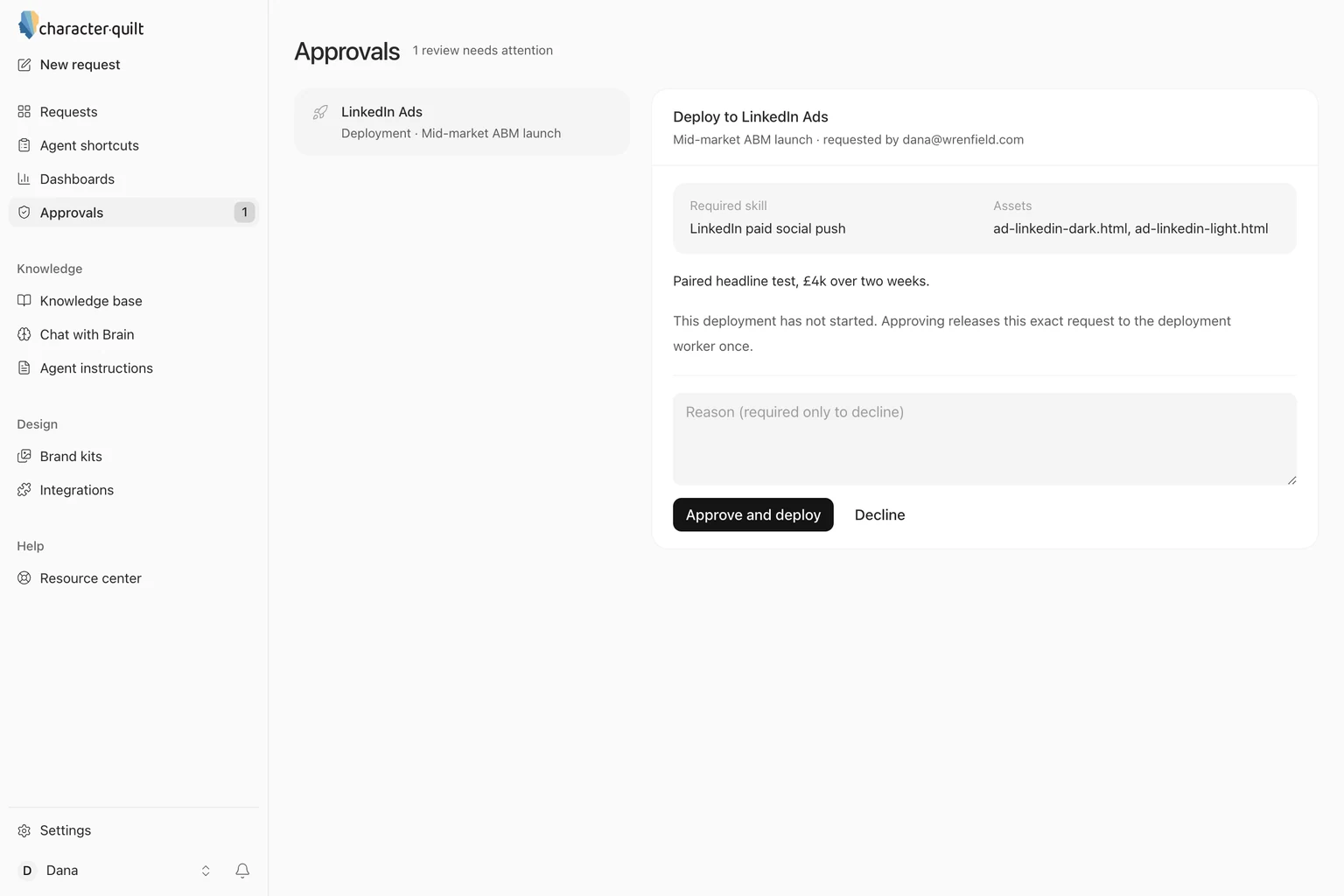 An approval in CharacterQuilt: a deployment to LinkedIn Ads waiting for a named reviewer to approve or decline