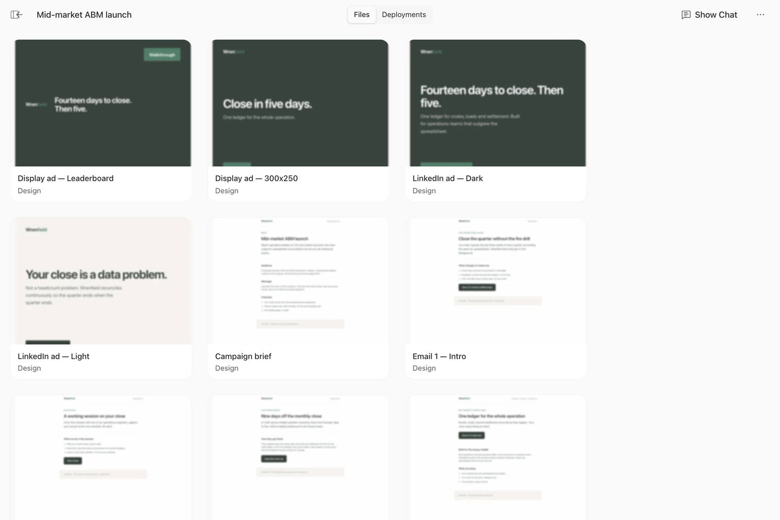 Campaign files in CharacterQuilt: display ads, LinkedIn ads, a brief and an email sequence, all in the customer's brand