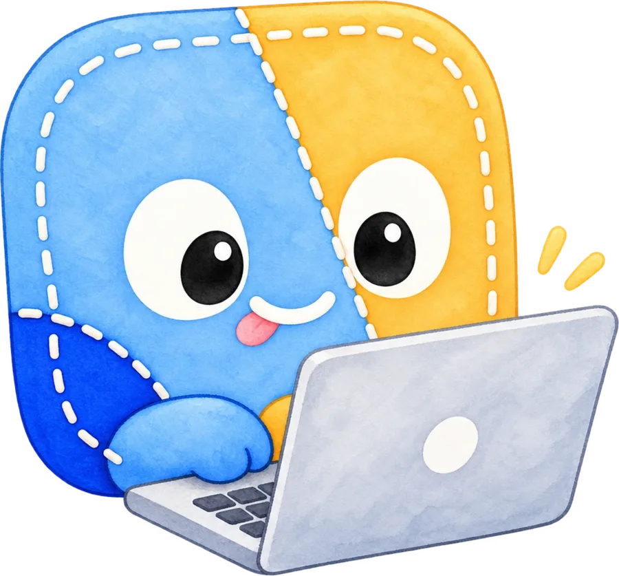 Watercolor Stitch concentrating at a laptop with his tongue sticking out