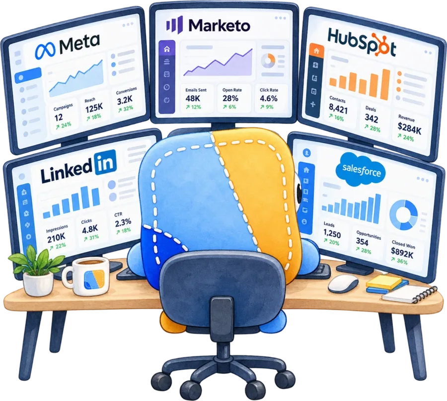 Stitch seen from behind, watching Meta, Marketo, HubSpot, LinkedIn, and Salesforce dashboards on five monitors